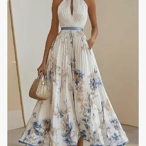 Elegant Floral Halter Maxi Dress